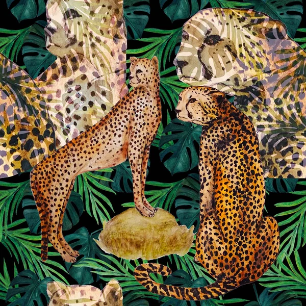 Naadloos Tropisch Patroon Met Cheeta Tropische Bladeren Exotische Zomerprint Animalistische — Stockfoto