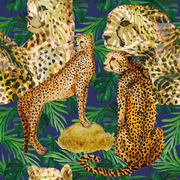 Seamless tropical pattern with cheetahs and tropical leaves. Exotic summer print. Animalistic nature texture.