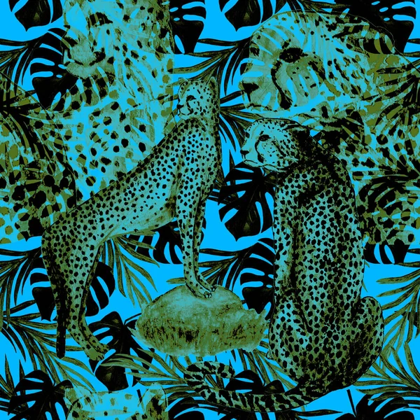 Seamless tropical pattern with cheetahs and tropical leaves. Exotic summer print. Animalistic nature texture.