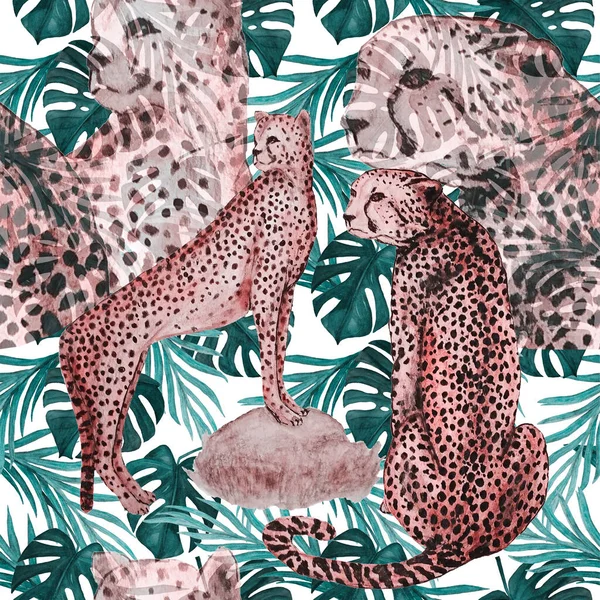 Płynny Tropikalny Wzór Gepardami Liśćmi Tropikalnymi Egzotyczny Letni Druk Animalistyczna — Zdjęcie stockowe