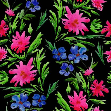 Sulu çiçekli, soyut, dikişsiz desen. Romantik yaz çiçekleri baskısı. El çizimi.