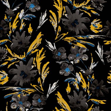 Sulu çiçekli, soyut, dikişsiz desen. Romantik yaz çiçekleri baskısı. El çizimi.