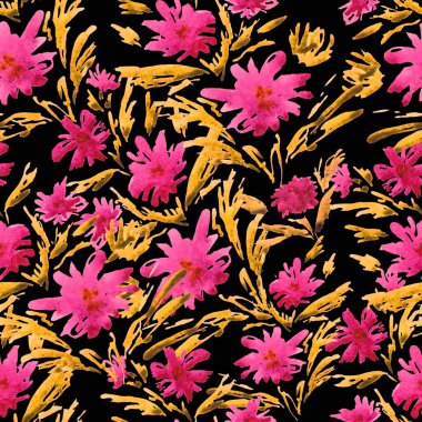 Şekillendirilmiş suluboya çiçekleri olan soyut, pürüzsüz desen. Romantik yaz çiçekleri baskısı. El çizimi.