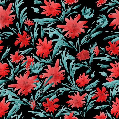 Şekillendirilmiş suluboya çiçekleri olan soyut, pürüzsüz desen. Romantik yaz çiçekleri baskısı. El çizimi.