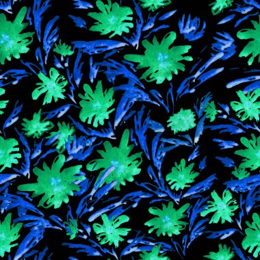 Şekillendirilmiş suluboya çiçekleri olan soyut, pürüzsüz desen. Romantik yaz çiçekleri baskısı. El çizimi.