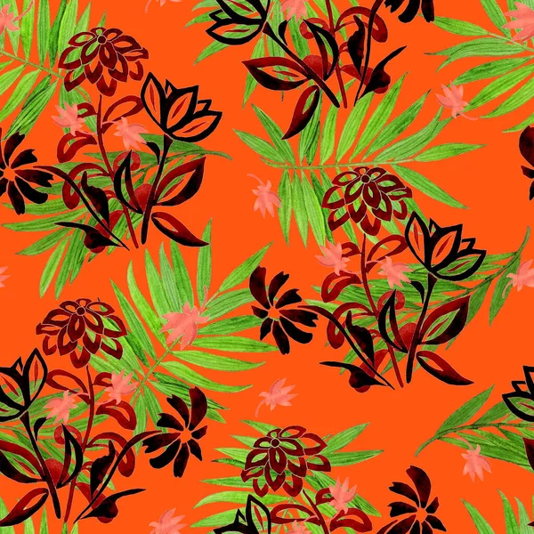Beautiful Watercolor Seamless Pattern Stylized Contour Flowers Palm Leaves Summer — Stock Photo, Image