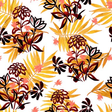 Şekil verilmiş çiçek ve palmiye yapraklarıyla sulu boya deseni çok güzel. Yaz botanik geçmişi. Herhangi bir tasarım için.