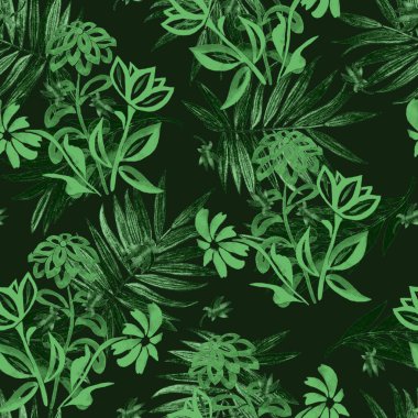 Suluboya şekilli hatları, çiçekleri ve palmiye yaprakları olan güzel, tek renkli, dikişsiz desen. Yaz botanik baskısı.