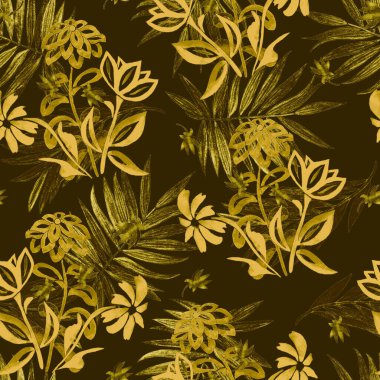 Suluboya şekilli hatları, çiçekleri ve palmiye yaprakları olan güzel, tek renkli, dikişsiz desen. Yaz botanik baskısı.