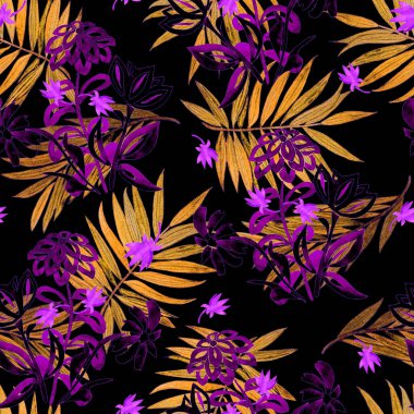 Şekillendirilmiş hatları olan suluboya desenler ve siyah arka planda palmiye yaprakları. Yaz botanik baskısı.