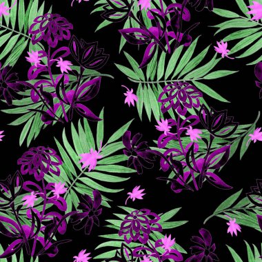 Şekillendirilmiş hatları olan suluboya desenler ve siyah arka planda palmiye yaprakları. Yaz botanik baskısı.