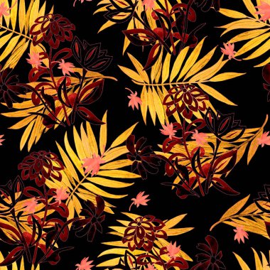 Şekillendirilmiş hatları olan suluboya desenler ve siyah arka planda palmiye yaprakları. Yaz botanik baskısı.