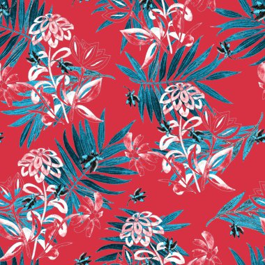 Şekil verilmiş çiçek ve palmiye yapraklarıyla sulu boya deseni çok güzel. Yaz botanik geçmişi. Herhangi bir tasarım için.