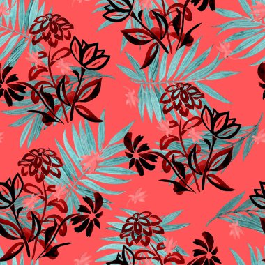 Şekil verilmiş çiçek ve palmiye yapraklarıyla sulu boya deseni çok güzel. Yaz botanik geçmişi. Herhangi bir tasarım için.