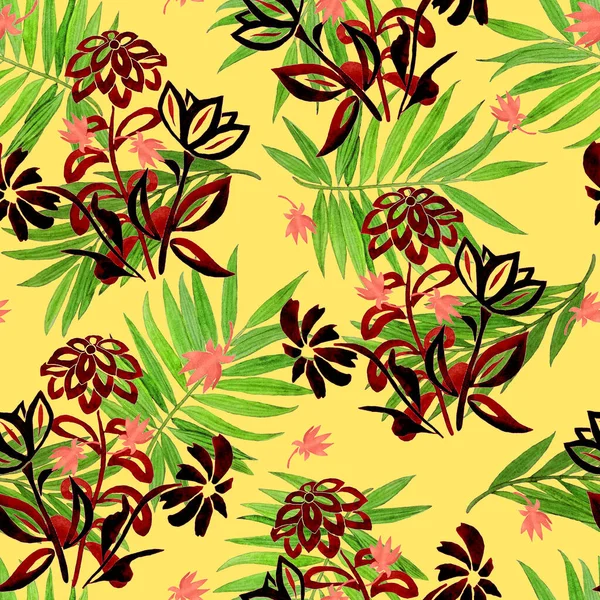 Krásný Akvarel Bezešvný Vzor Stylizovanými Konturovanými Květy Palmovými Listy Letní — Stock fotografie