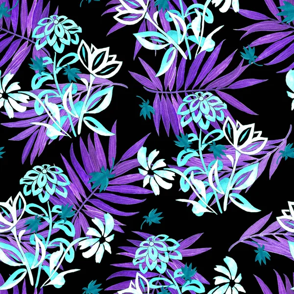 Watercolor Seamless Pattern Stylized Contour Flowers Palm Leaves Black Background — Stock Photo, Image
