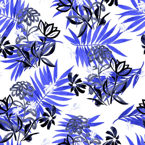 Beautiful Monochrome Seamless Pattern Watercolor Stylized Contour Flowers Palm Leaves — Stock Photo, Image