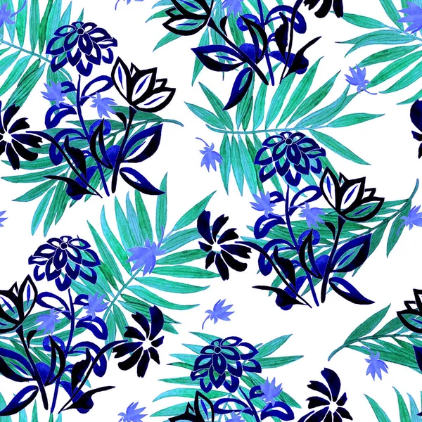 Schöne Aquarell Nahtlose Muster Mit Stilisierten Konturblumen Und Palmblättern Botanischer — Stockfoto
