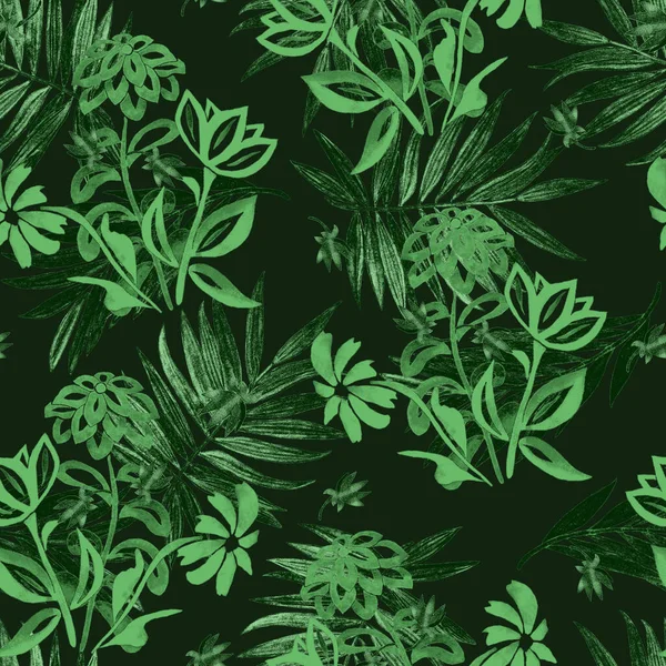 Gyönyörű Monokróm Zökkenőmentes Minta Akvarell Stilizált Kontúrvirágokkal Pálmalevéllel Nyári Botanikai — Stock Fotó