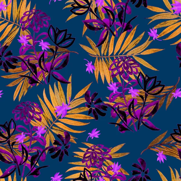 美丽的水彩斑斓的无缝图案 造型典型化的等高花和棕榈叶 夏天的植物背景 任何类型的设计 — 图库照片