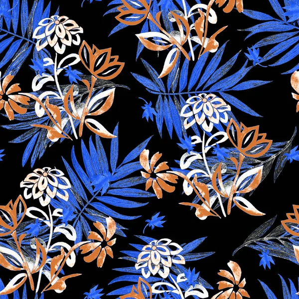 黒を基調とした輪郭の花やヤシの葉を様式化した水彩シームレスパターン 夏の植物 Print — ストック写真