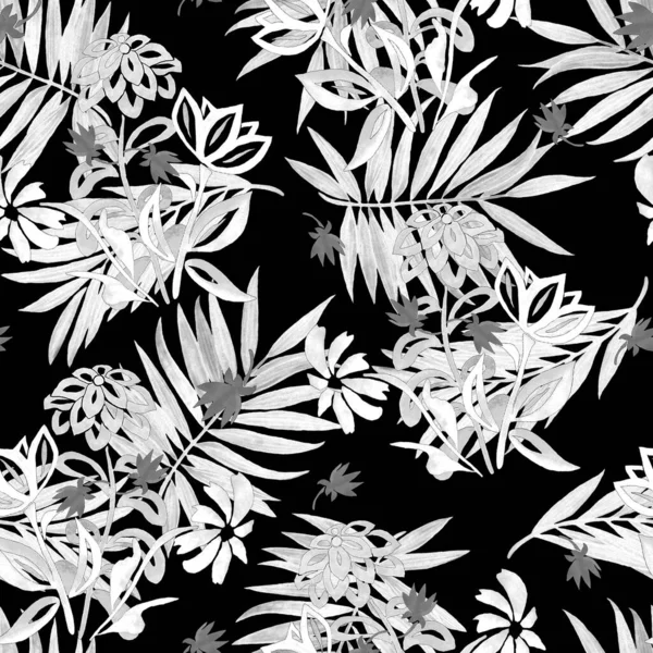 水彩風の輪郭の花やヤシの葉と美しいモノクロシームレスパターン 夏の植物 Print — ストック写真
