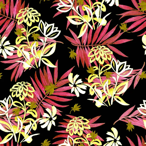 Bezszwowy Wzór Akwareli Stylizowanymi Kwiatami Konturu Liśćmi Palmy Czarnym Tle — Zdjęcie stockowe