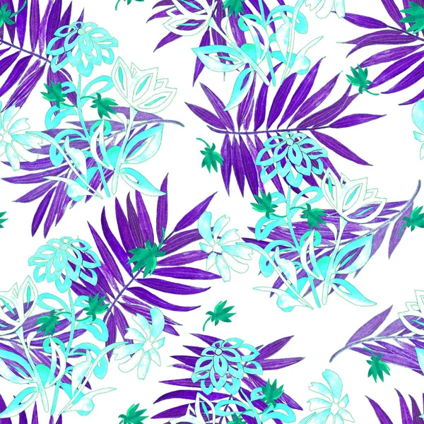 Beautiful Watercolor Seamless Pattern Stylized Contour Flowers Palm Leaves Summer — Stock Photo, Image