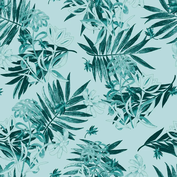 美丽的单色无缝图案 水彩斑斓的轮廓花朵和棕榈叶 夏季植物学印刷品 — 图库照片