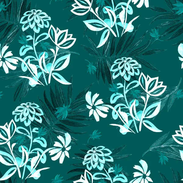 Piękny Monochromatyczny Bezszwowy Wzór Akwarelowym Stylizowanym Konturem Kwiatów Liści Palmowych — Zdjęcie stockowe