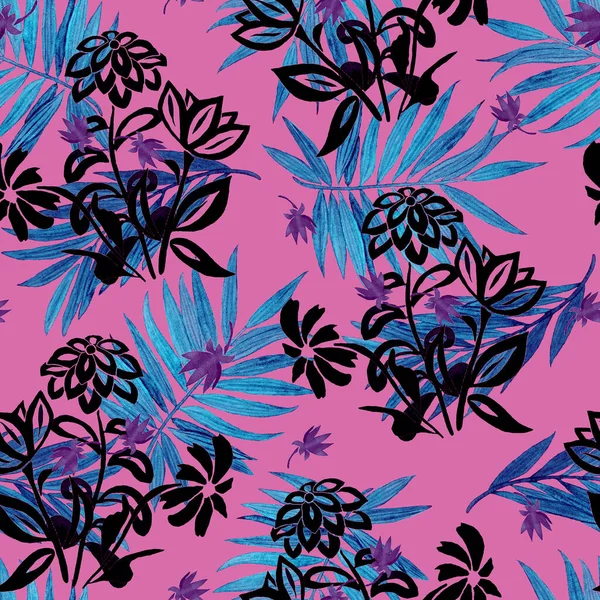 Piękny Akwarelowy Bezszwowy Wzór Stylizowanymi Kwiatami Konturu Liśćmi Palmy Letnie — Zdjęcie stockowe