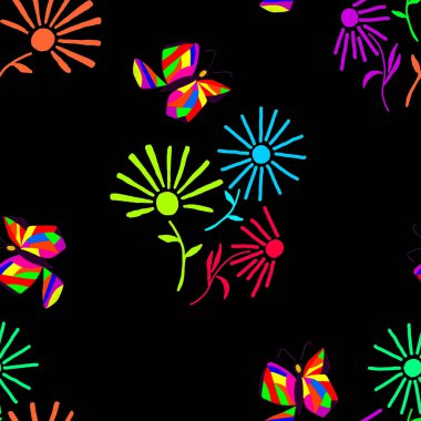 Soyut kelebeklerin ve siyah arka planda çiçeklerin olduğu dekoratif, pürüzsüz bir desen. Güzel bir yaz baskısı. Renkli yaratıcı desen.