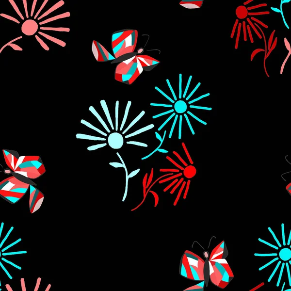 Декоративный Бесшовный Узор Абстрактными Бабочками Цветами Черном Фоне Прекрасная Летняя — стоковое фото
