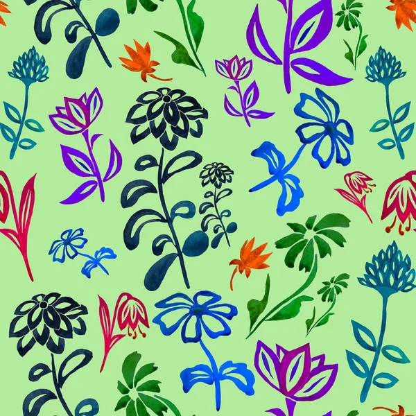 Patrón Sin Costura Floral Abstracto Con Flores Contorno Acuarela Hermoso — Foto de Stock