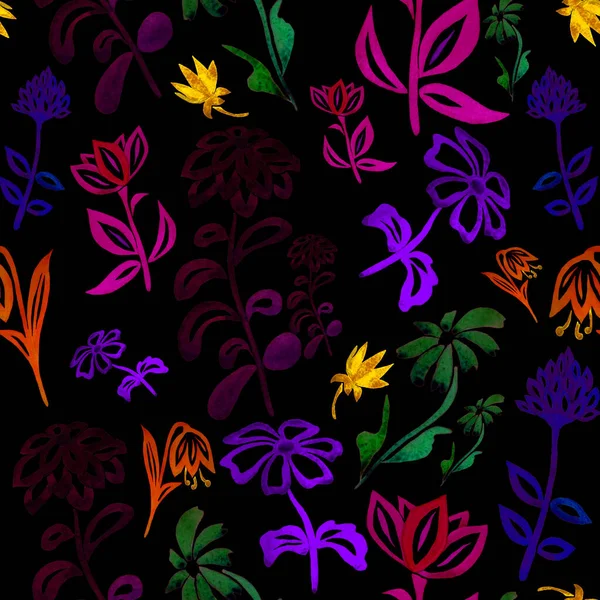 抽象水彩輪郭の花と花のシームレスなパターン 表面設計のための美しい背景 — ストック写真