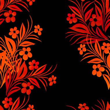 Siyah arka planda suluboya çiçekleri olan soyut, dikişsiz desenler. Yüzey tasarımı için güzel yazdırma.