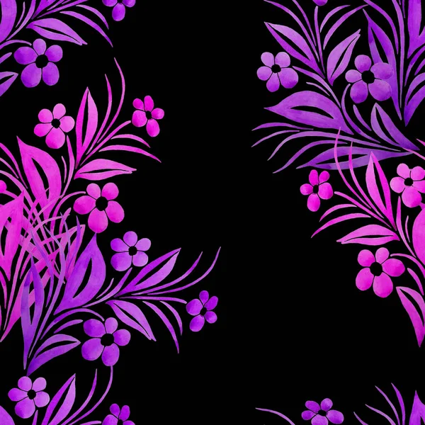 Absztrakt Virág Zökkenőmentes Minta Akvarell Kontúr Virágok Fekete Háttér Gyönyörű — Stock Fotó