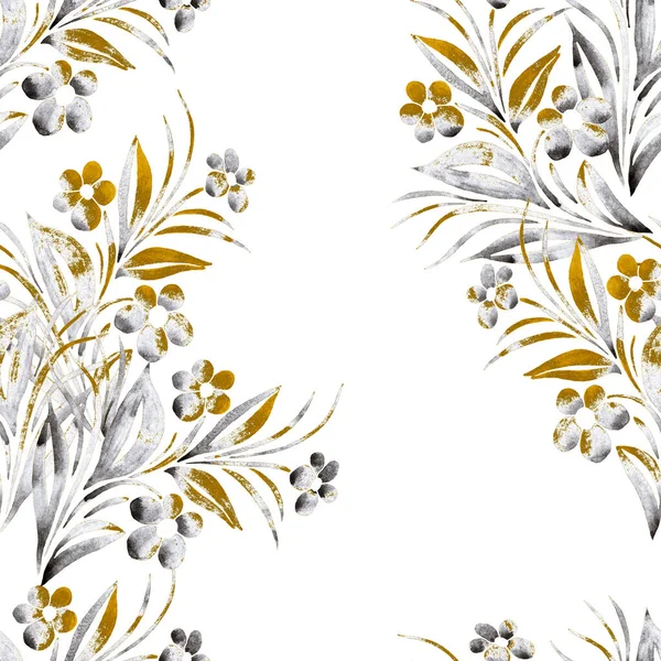 Abstract floral seamless pattern with watercolor stylized contour flowers. Beautiful golden background for surface design.