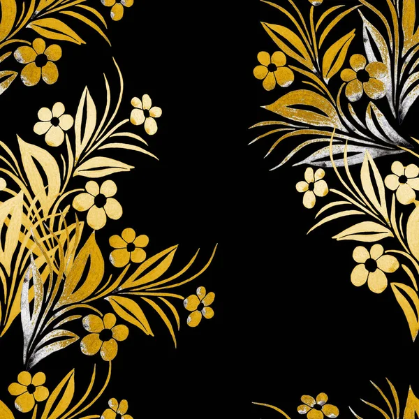Абстрактний Квітковий Безшовний Візерунок Акварельними Стилізованими Контурними Квітами Красивий Золотий — стокове фото
