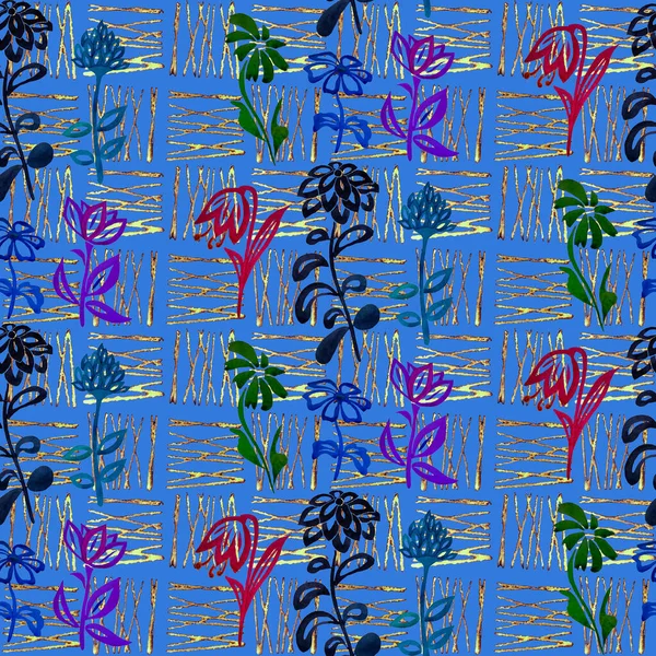 抽象的な背景にシンプルな輪郭の花と水彩シームレスパターン Print — ストック写真