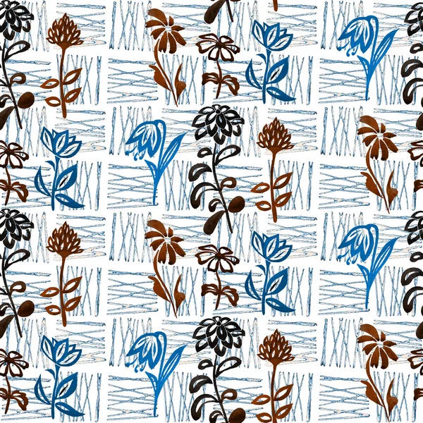 Akvarel Bezešvný Vzor Jednoduchými Obrysovými Květy Abstraktním Pozadí Tvůrčí Květinový — Stock fotografie