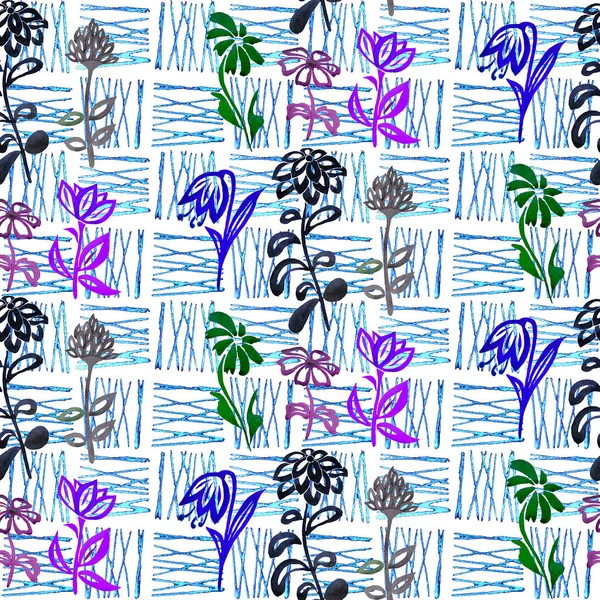 Watercolor seamless pattern with simple contour flowers on abstract background. Creative floral print.