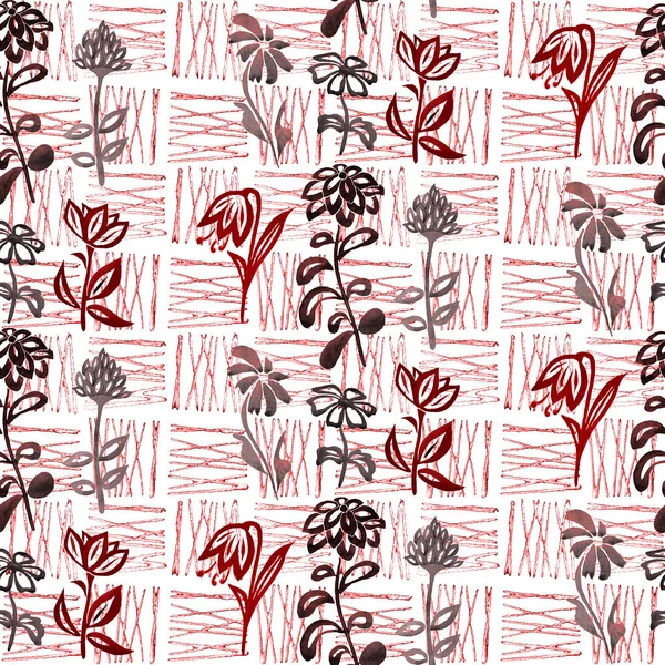 Akvarel Bezešvný Vzor Jednoduchými Obrysovými Květy Abstraktním Pozadí Tvůrčí Květinový — Stock fotografie