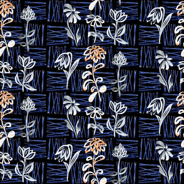 Akwarela Bezszwowy Wzór Prostych Kwiatów Konturu Abstrakcyjnym Tle Kreatywny Kwiatowy — Zdjęcie stockowe