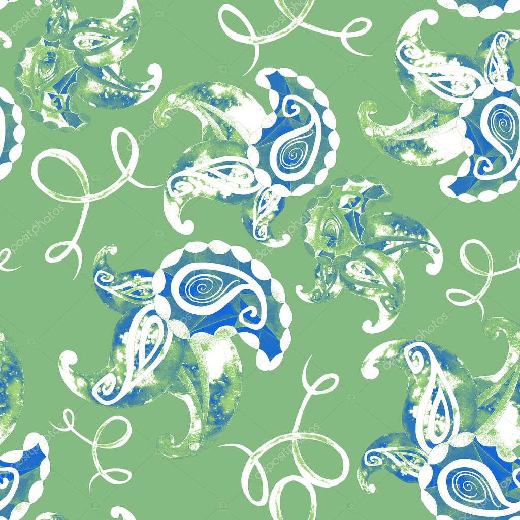 Beautiful seamless pattern with watercolor paisley elements. Ornamental background based on ethnic asian patterns.