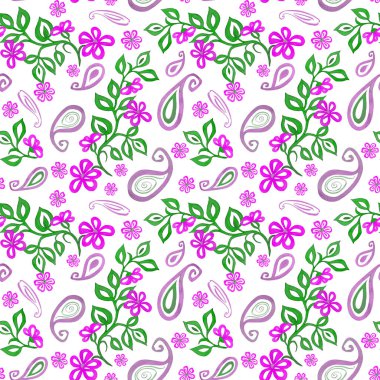 Suluboya hatları, çiçekler ve desenli elementlerle soyut ve pürüzsüz bir desen. Etnik Asya kalıplarına dayalı süs arkaplanı.