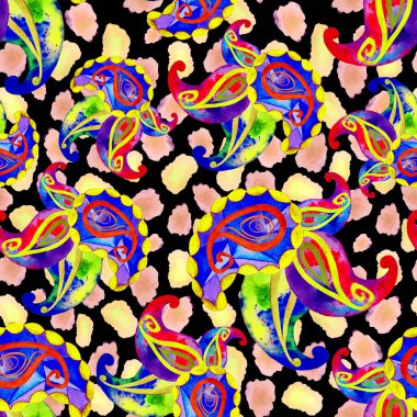 Hayvan derisinde suluboya desenli, soyut, pürüzsüz desenler var. Etnik Asya kalıplarına dayalı süs arkaplanı.