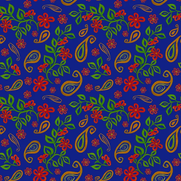 Abstrakcyjny Bezszwowy Wzór Akwarelowymi Kwiatami Konturu Elementami Paisley Ozdobne Tło — Zdjęcie stockowe