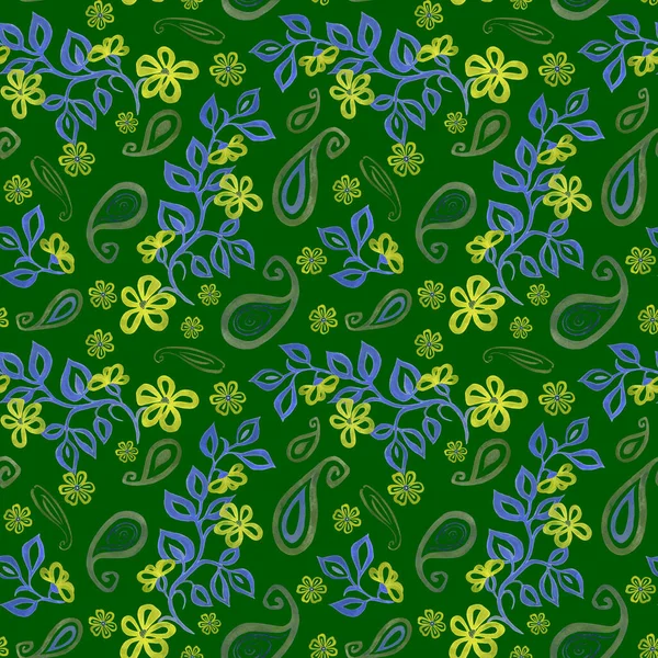 Patrón Sin Costura Abstracto Con Flores Contorno Acuarela Elementos Paisley — Foto de Stock