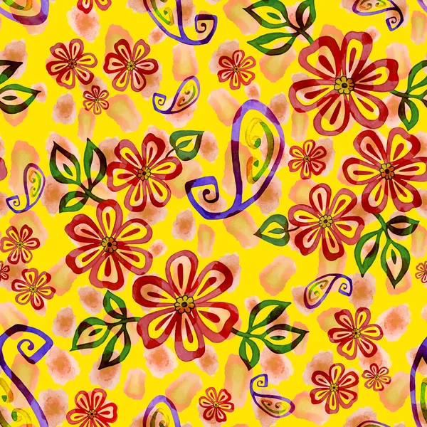 Abstrakt Sömlöst Mönster Med Akvarell Kontur Blommor Och Paisley Element — Stockfoto